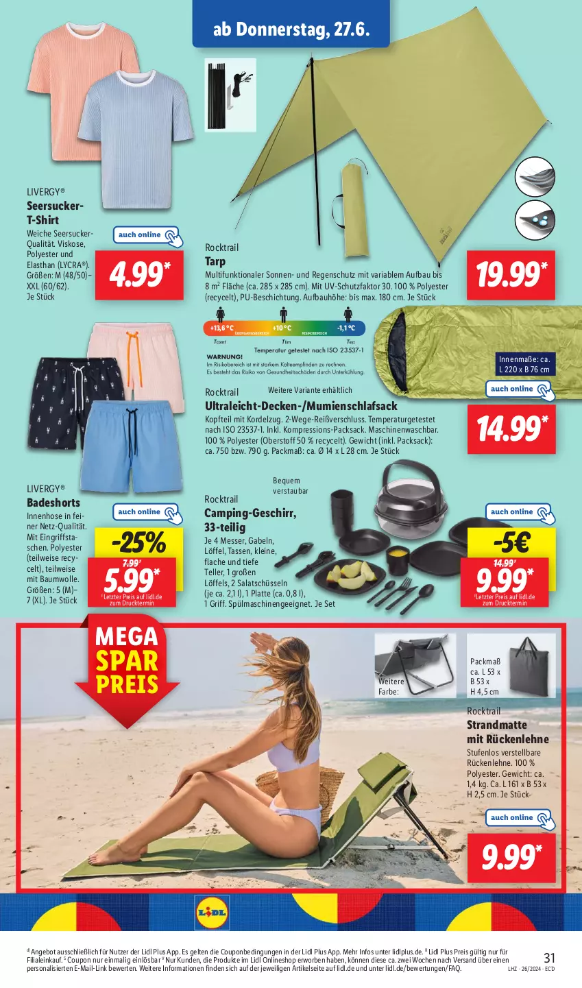 Aktueller Prospekt Lidl - Aktionsprospekt - von 24.06 bis 29.06.2024 - strona 41 - produkty: angebot, Bad, badeshorts, Bau, baumwolle, coupon, decke, eis, elle, gabel, geschirr, hose, latte, leine, livergy, Löffel, messer, Persona, Regenschutz, reis, Ria, sac, salat, schlafsack, seersucker, shirt, shorts, strandmatte, T-Shirt, Tasche, taschen, tasse, teller, Ti, uv-schutz, wolle, ZTE