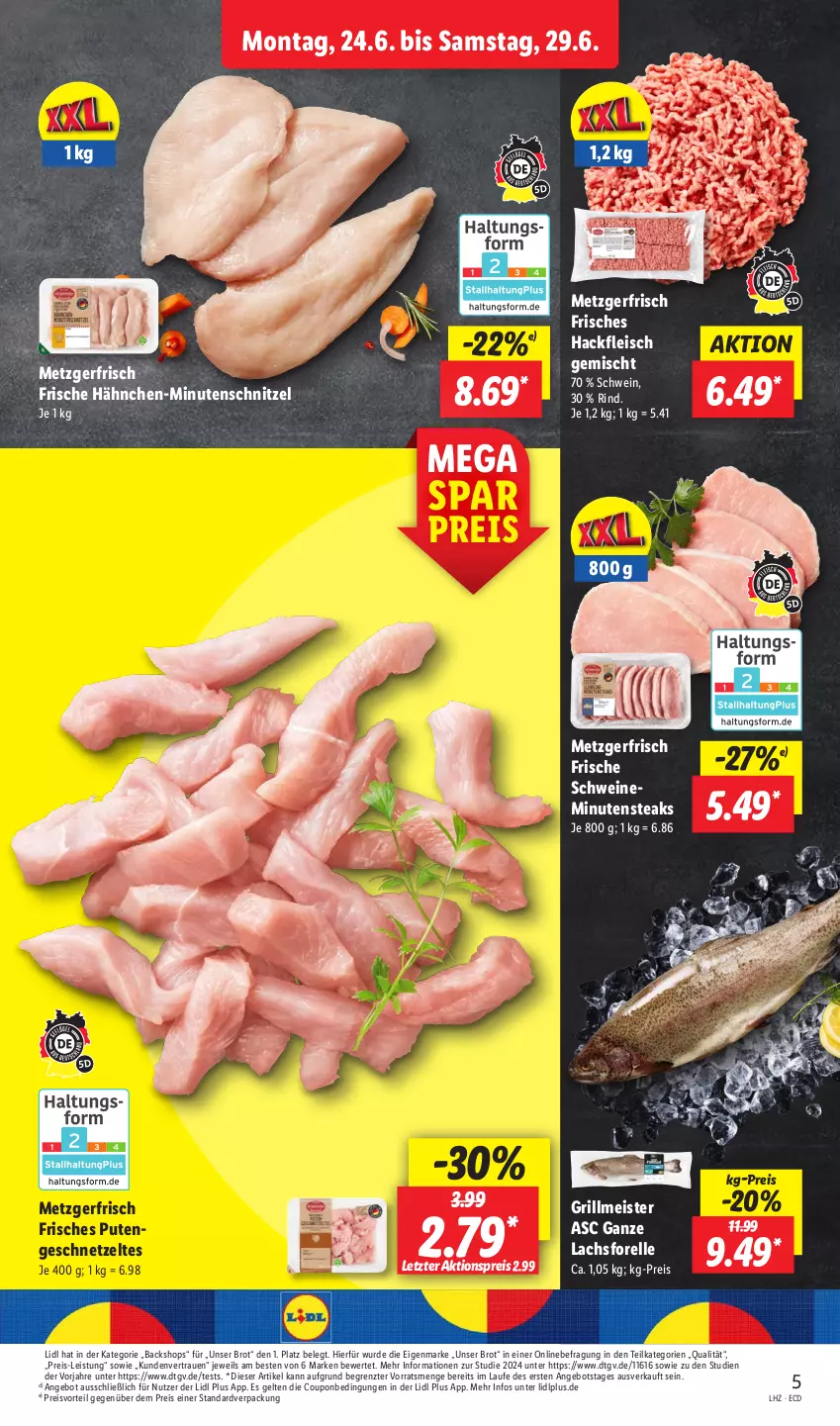 Aktueller Prospekt Lidl - Aktionsprospekt - von 24.06 bis 29.06.2024 - strona 5 - produkty: aktionspreis, angebot, brot, coupon, eis, elle, fleisch, forelle, Frische Hähnchen, geschnetzeltes, grill, hackfleisch, hackfleisch gemischt, lachs, Meister, minutenschnitzel, minutensteaks, preisvorteil, pute, reis, rel, rind, schnitzel, schwein, schweine, steak, steaks, Ti, wein, weine, Zelt, ZTE