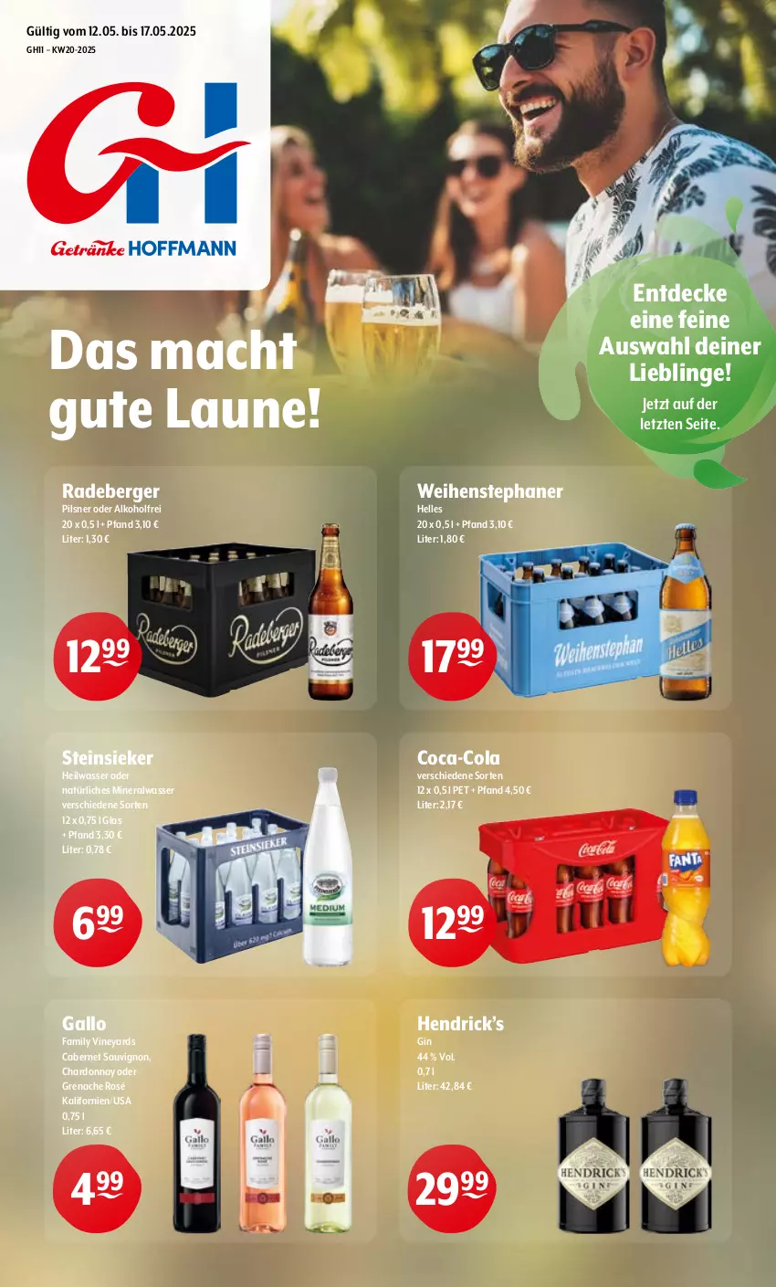 Aktueller Prospekt Getraenke Hoffmann - Prospekte - von 12.05 bis 17.05.2025 - strona 1 - produkty: alkohol, Alwa, Berger, cabernet, cabernet sauvignon, chardonnay, coca-cola, cola, decke, elle, gallo, gin, mac, mineralwasser, natürliches mineralwasser, pils, pilsner, radeberger, sauvignon, Steinsieker, Ti, wasser, weihenstephan, ZTE