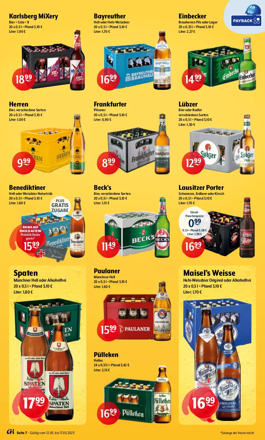 Aktueller Prospekt Getraenke Hoffmann - Prospekte - von 12.05 bis 17.05.2025 - strona 7 - produkty: alkohol, Benediktiner, bier, cola, decke, eis, elle, flasche, frankfurter, gin, Hefe, karlsberg, karlsberg mixery, kirsch, Lübzer, mais, Mixer, mixery, natur, oder radler, Paula, paulaner, picknick-decke, pils, pilsener, radler, reis, Spaten, Ti, weissbier