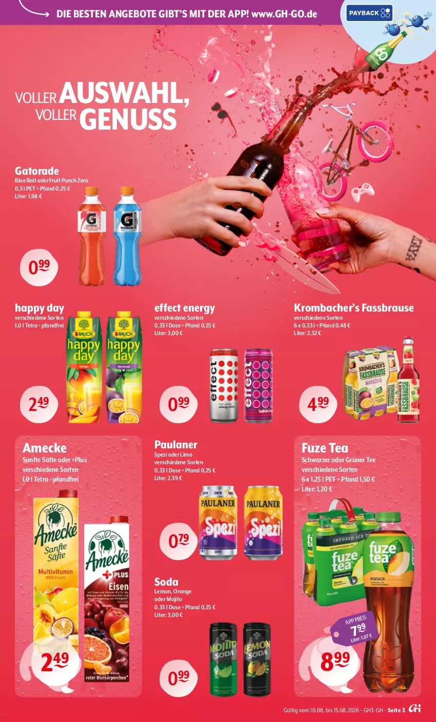 Aktueller Prospekt Getraenke Hoffmann - Prospekte - von 10.08 bis 15.08.2026 - strona 3 - produkty: amecke, angebot, angebote, brause, Effect, eis, fassbrause, fuze tea, grüner tee, Happy Day, krombache, krombacher, limo, mojito, nuss, orange, Paula, paulaner, säfte, Soda, Spezi, tee, Ti