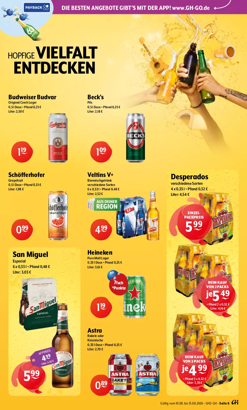 Aktueller Prospekt Getraenke Hoffmann - Prospekte - von 10.08 bis 15.08.2026 - strona 6 - produkty: angebot, angebote, Astra, bier, budweiser, decke, desperados, eis, getränk, gin, grapefruit, heineken, pils, reis, schöfferhofer, Ti, veltins