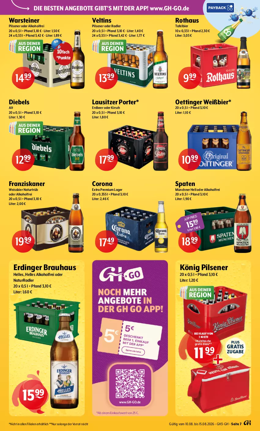 Aktueller Prospekt Getraenke Hoffmann - Prospekte - von 10.08 bis 15.08.2026 - strona 7 - produkty: alkohol, angebot, angebote, bier, corona, corona extra, diebels, eis, elle, erdinger, franziskaner, kirsch, könig pilsener, kühltasche, natur, oder radler, oettinger, pils, pilsener, radler, Spaten, steiner, Tasche, Ti, veltins, veltins pilsener, warsteiner, weissbier