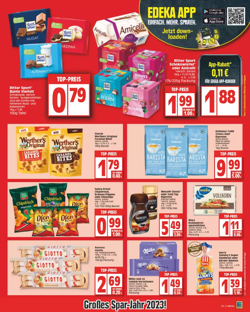 Aktueller Prospekt Edeka - Angebote der Woche - von 06.02 bis 11.02.2023 - strona 11 - produkty: arla, auto, beutel, bites, bohne, brot, caffe, caramel, chips, chipsfrisch, dallmayr, ente, erdnuss, espresso, ferrero, funny-frisch, gin, giotto, kaffee, knäckebrot, korn, löslicher kaffee, milka, nuss, oder espresso, Ofen, sandwich, Spezi, storck, Ti, tomate, tomaten, vollautomaten, wasa