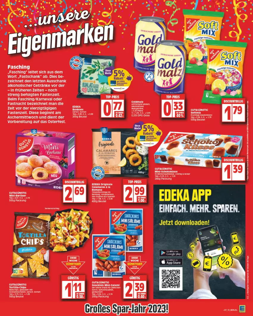 Aktueller Prospekt Edeka - Angebote der Woche - von 06.02 bis 11.02.2023 - strona 13 - produkty: alkohol, beutel, blume, blumen, blumenöl, chips, deka, eis, fisch, geback, getränk, getränke, gin, LG, Mini-Salami, reis, ring, salami, schoko, snack, sonnenblume, sonnenblumen, sonnenblumenöl, spitzenqualität, Ti, Tintenfischringe, top-preis, tortilla, ZTE