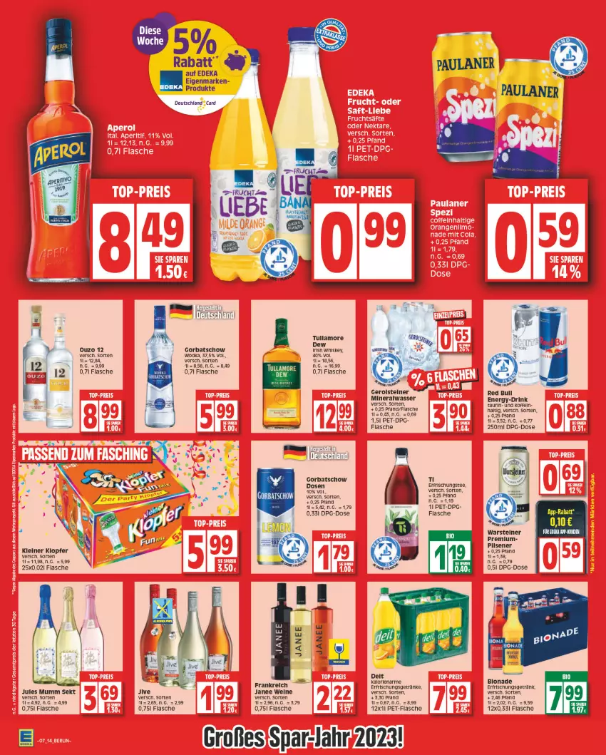 Aktueller Prospekt Edeka - Angebote der Woche - von 06.02 bis 11.02.2023 - strona 14 - produkty: Alwa, bio, bionade, deit, drink, erfrischungsgetränk, erfrischungsgetränke, flasche, frucht, gerolsteine, gerolsteiner, getränk, getränke, Gorbatschow, irish whiskey, jules mumm, kleiner klopfer, leine, mineralwasser, mumm, ouzo, ouzo 12, pet-flasche, red bull, sekt, steiner, tee, Ti, tullamore, tullamore dew, warsteiner, wasser, wein, weine, whiskey