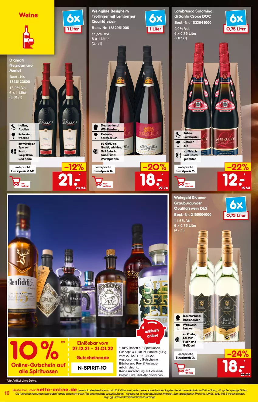 Aktueller Prospekt Netto Marken-Discount - Online-Magazin Januar - von 01.01 bis 31.01.2022 - strona 10 - produkty: amaro, angebot, Berger, burgunder, eis, fisch, fleisch, Geflügel, grauburgunder, grill, gutschein, gutscheine, Käse, Lambrusco, latte, LG, likör, merl, merlot, milch, ndk, nudel, Nudelgericht, pasta, Pastagericht, qualitätswein, reis, Rivaner, rotwein, salami, salat, salate, spirituosen, Ti, trolli, trollinger, versandkostenfrei, wein, weine, Weißwein, wurst, ZTE