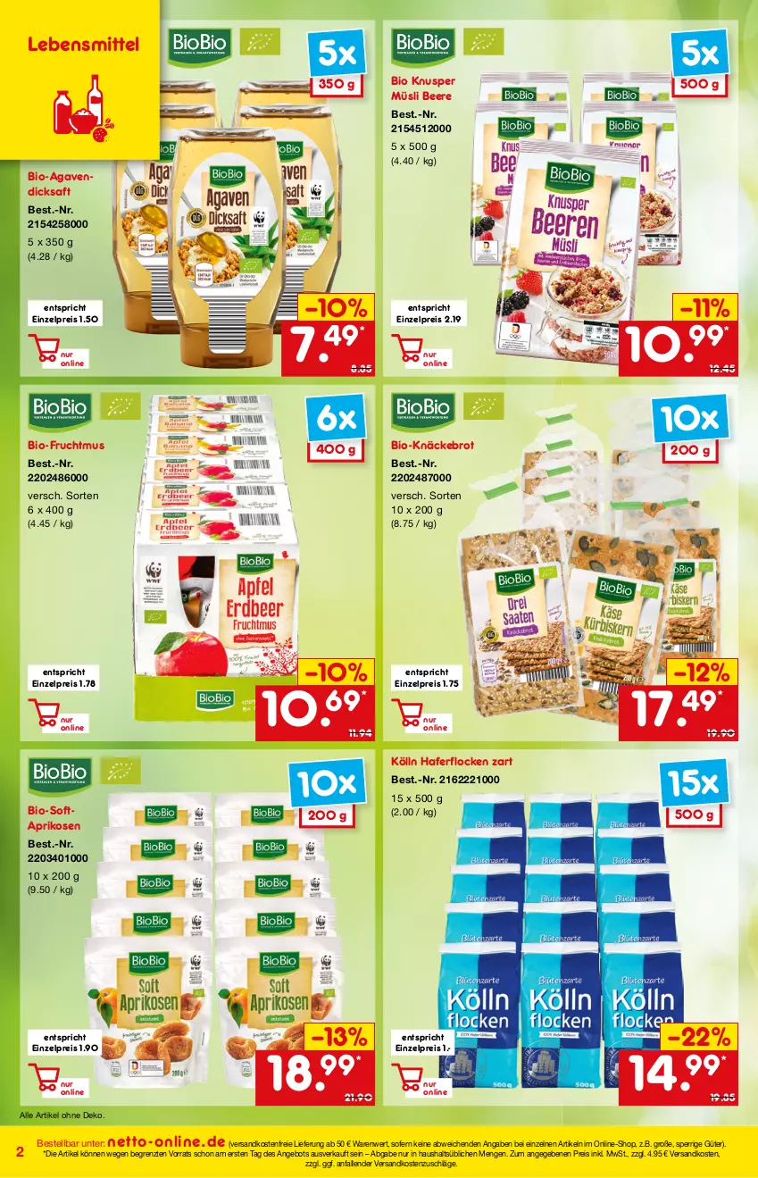 Aktueller Prospekt Netto Marken-Discount - Online-Magazin Januar - von 01.01 bis 31.01.2022 - strona 2 - produkty: agaven, angebot, aprikose, aprikosen, beere, bio, brot, dicksaft, eis, frucht, Fruchtmus, hafer, haferflocken, knäckebrot, kölln, lebensmittel, müsli, ndk, reis, saft, Ti, versandkostenfrei, ZTE