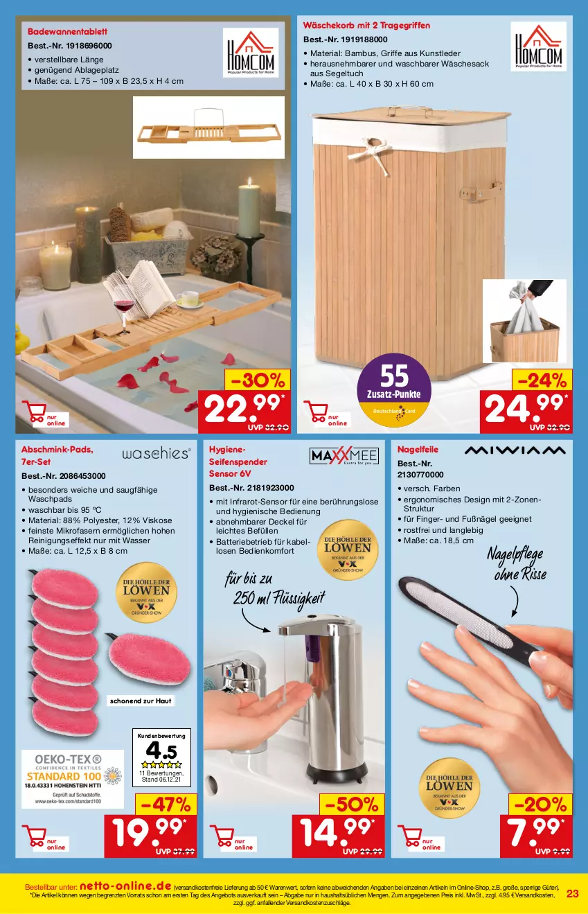 Aktueller Prospekt Netto Marken-Discount - Online-Magazin Januar - von 01.01 bis 31.01.2022 - strona 23 - produkty: angebot, Bad, Badewanne, bambus, batterie, decke, Deckel, eis, HP, korb, mikrofaser, Nagelfeile, ndk, Reinigung, reis, Ria, sac, Seife, seifenspender, tablet, tablett, Ti, tragegriff, tuc, versandkostenfrei, Wanne, wäschekorb, wasser, ZTE