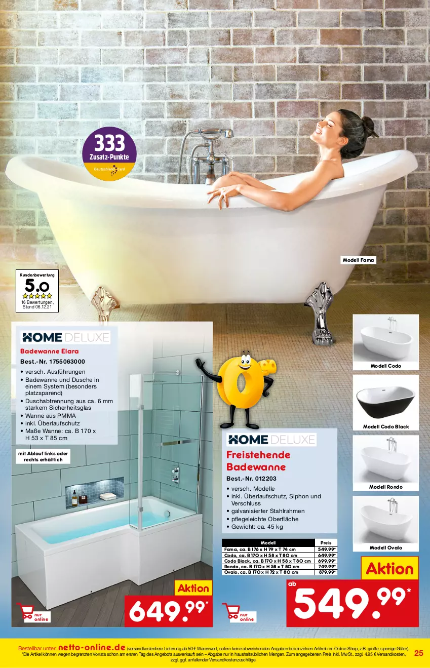 Aktueller Prospekt Netto Marken-Discount - Online-Magazin Januar - von 01.01 bis 31.01.2022 - strona 25 - produkty: angebot, Bad, Badewanne, dell, dusche, eis, elle, lack, Mode, ndk, reis, Ti, versandkostenfrei, Wanne, ZTE