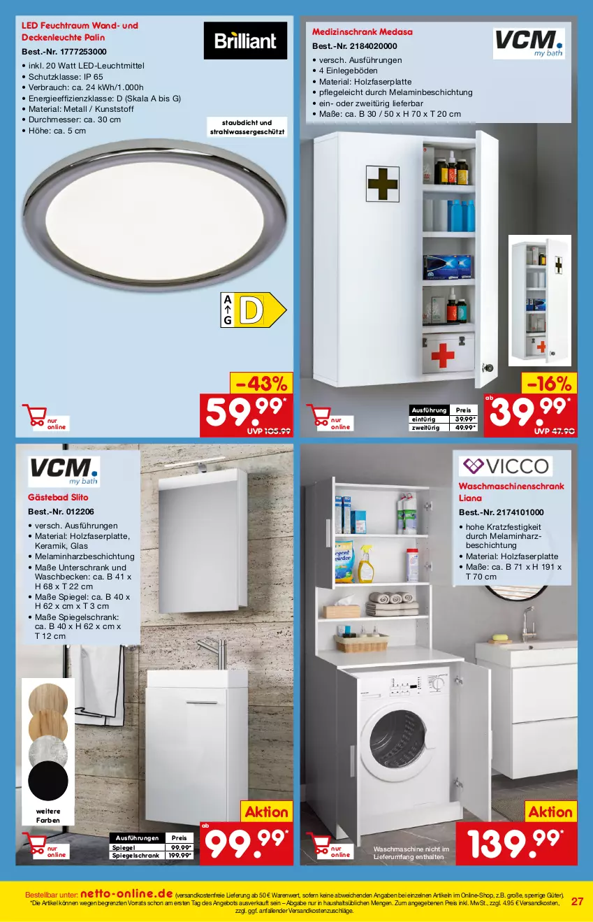 Aktueller Prospekt Netto Marken-Discount - Online-Magazin Januar - von 01.01 bis 31.01.2022 - strona 27 - produkty: angebot, Bad, decke, deckenleuchte, eis, Holz, latte, Leuchte, leuchtmittel, messer, ndk, Rauch, reis, Ria, rum, Schrank, spiegel, spiegelschrank, Ti, unterschrank, versandkostenfrei, waschbecken, waschmaschine, waschmaschinen, wasser, ZTE