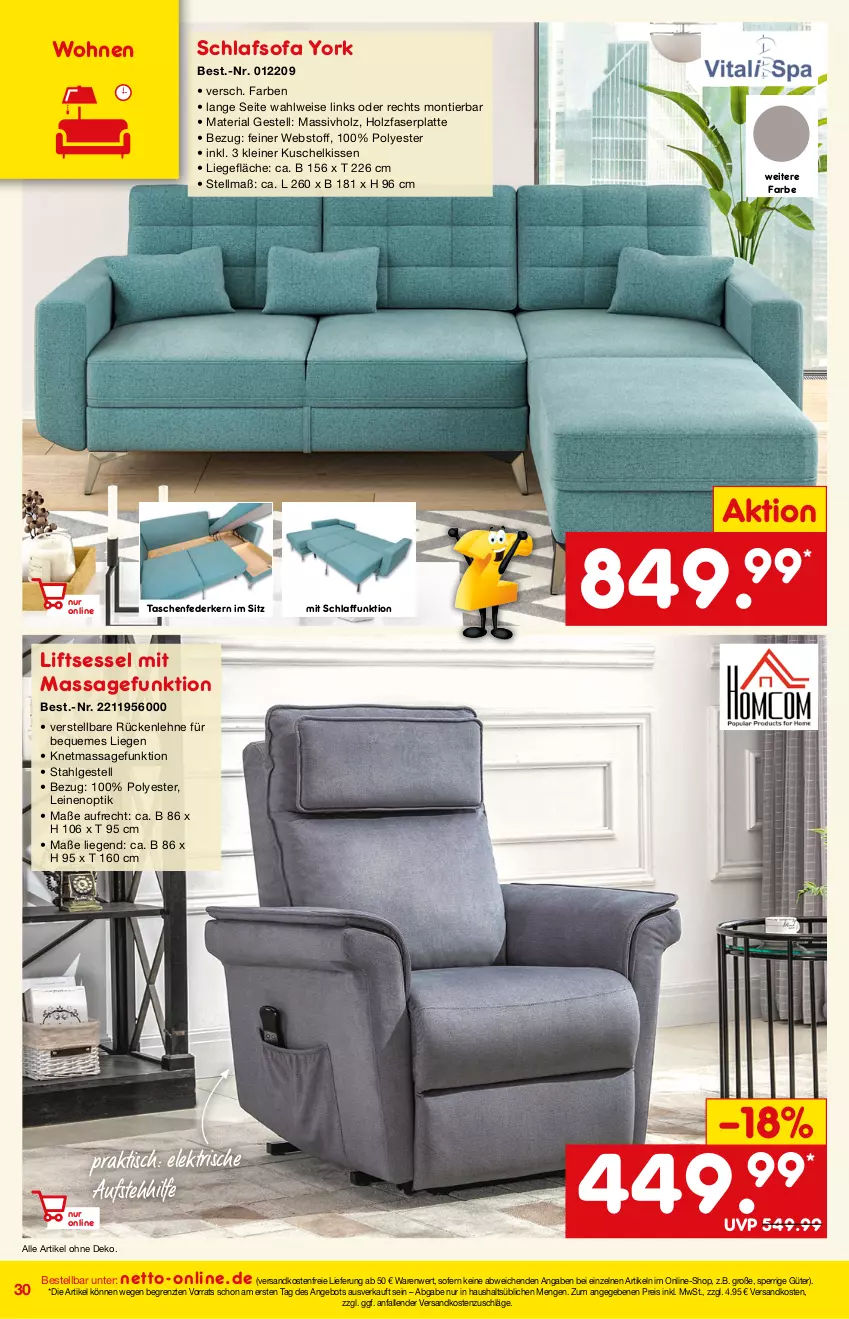 Aktueller Prospekt Netto Marken-Discount - Online-Magazin Januar - von 01.01 bis 31.01.2022 - strona 30 - produkty: angebot, eis, federkern, gefu, Holz, kissen, latte, leine, LG, Liege, massivholz, ndk, reis, Ria, rückenlehne, schlafsofa, sessel, Sofa, Tasche, taschen, Ti, tisch, versandkostenfrei, Yo, ZTE