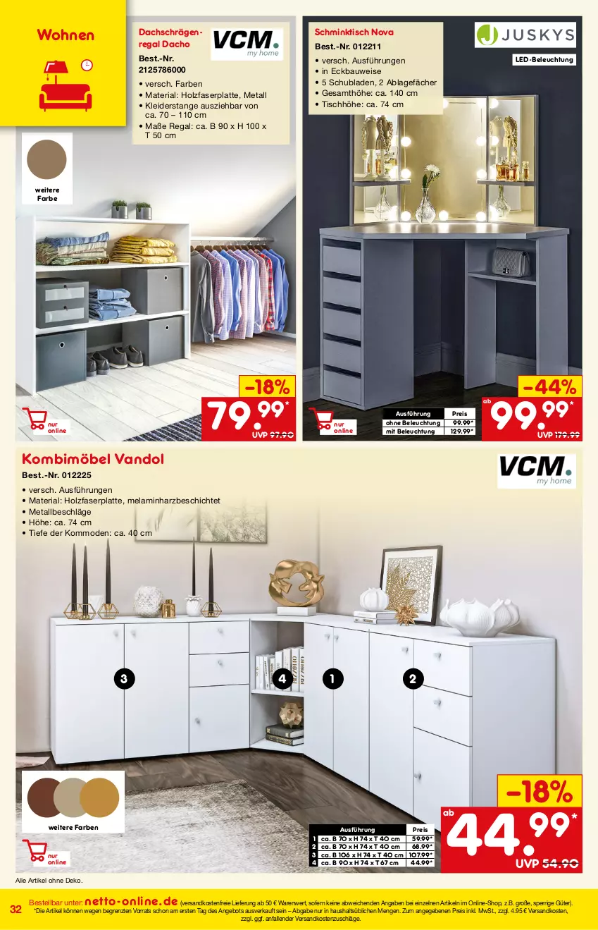 Aktueller Prospekt Netto Marken-Discount - Online-Magazin Januar - von 01.01 bis 31.01.2022 - strona 32 - produkty: angebot, Bau, beleuchtung, eis, Holz, kleid, kleider, kommode, latte, led-beleuchtung, möbel, Mode, ndk, regal, reis, Ria, schubladen, Ti, tisch, versandkostenfrei, ZTE