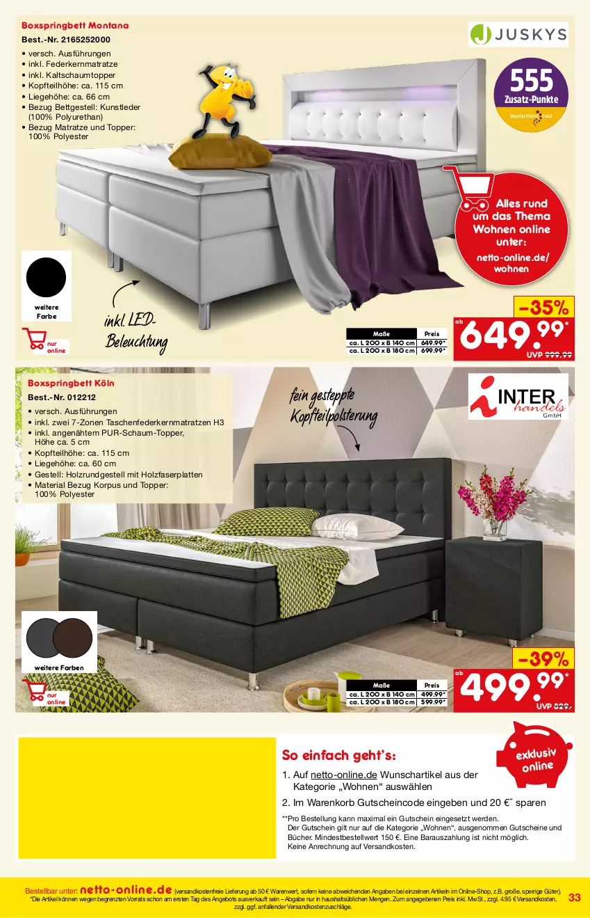 Aktueller Prospekt Netto Marken-Discount - Online-Magazin Januar - von 01.01 bis 31.01.2022 - strona 33 - produkty: angebot, beleuchtung, bett, boxspringbett, eis, erde, federkern, federkernmatratze, gutschein, gutscheine, Holz, Kaltschaumtopper, kernmatratze, korb, latte, matratze, matratzen, montana, ndk, reis, Ria, ring, Tasche, taschen, taschenfederkernmatratze, Ti, topper, versandkostenfrei, ZTE