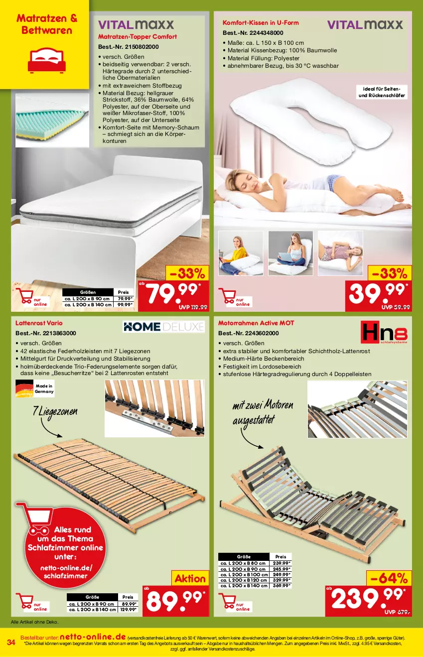 Aktueller Prospekt Netto Marken-Discount - Online-Magazin Januar - von 01.01 bis 31.01.2022 - strona 34 - produkty: angebot, asti, auer, Bau, baumwolle, bett, decke, eis, elle, ente, erde, Germ, Holz, kissen, Kissenbezug, latte, lattenrost, LG, Liege, matratze, matratzen, mikrofaser, Motorrahmen, ndk, reis, Ria, rwe, schlafzimmer, Ti, tisch, topper, versandkostenfrei, wolle, ZTE