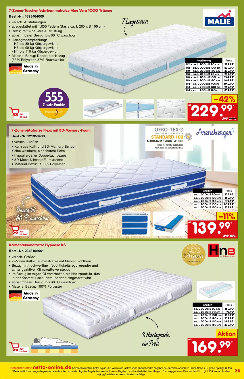 Aktueller Prospekt Netto Marken-Discount - Online-Magazin Januar - von 01.01 bis 31.01.2022 - strona 35 - produkty: aloe vera, angebot, Bau, baumwolle, eis, federkern, federkernmatratze, Germ, kaltschaummatratze, kernmatratze, kosmetik, Laufen, Liege, matratze, natur, ndk, reis, Ria, Schaummatratze, Tasche, taschen, taschenfederkernmatratze, Ti, tuc, versandkostenfrei, wolle, ZTE