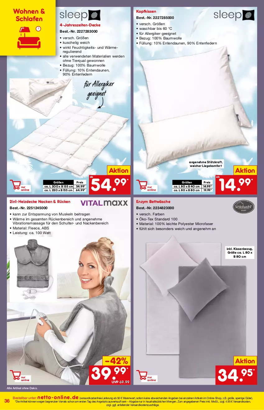 Aktueller Prospekt Netto Marken-Discount - Online-Magazin Januar - von 01.01 bis 31.01.2022 - strona 36 - produkty: angebot, Bau, baumwolle, bett, bettwäsche, decke, eis, ente, erde, kissen, Kissenbezug, kopfkissen, kraft, Liege, ndk, reis, Ria, rwe, Ti, versandkostenfrei, wolle, ZTE