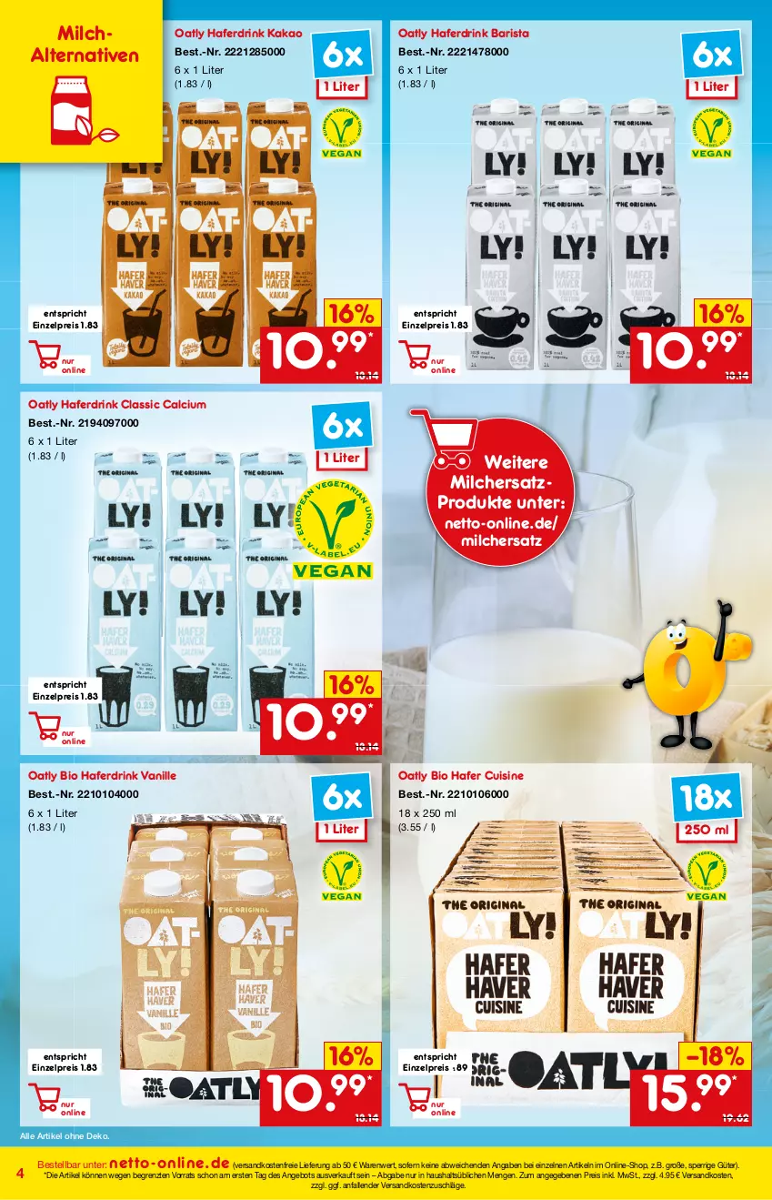 Aktueller Prospekt Netto Marken-Discount - Online-Magazin Januar - von 01.01 bis 31.01.2022 - strona 4 - produkty: angebot, bio, Calcium, drink, eis, hafer, Haferdrink, kakao, milch, ndk, reis, Ti, vanille, versandkostenfrei, ZTE