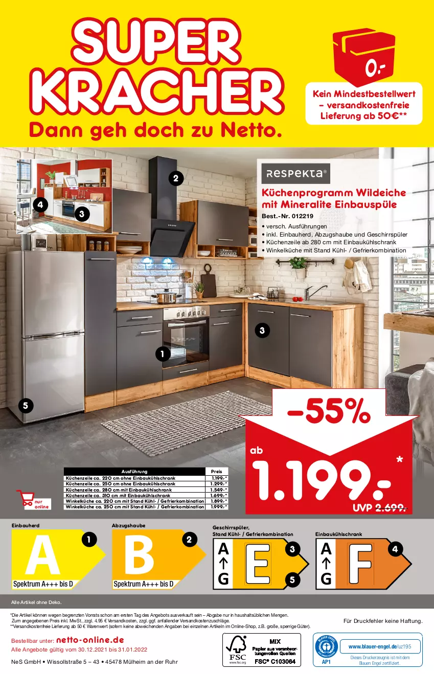 Aktueller Prospekt Netto Marken-Discount - Online-Magazin Januar - von 01.01 bis 31.01.2022 - strona 48 - produkty: abzugshaube, angebot, angebote, auer, Bau, drucker, einbauherd, einbaukühlschrank, einbauspüle, eis, Engel, gefrierkombination, geschirr, geschirrspüler, kerze, kracher, küche, Küchen, Küchenzeile, kühlschrank, ndk, reis, Schrank, Ti, uhr, versandkostenfrei, Wild, wildeiche, winkelküche, ZTE