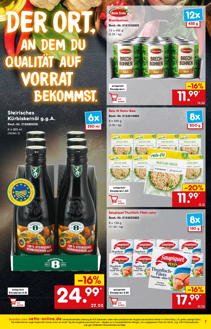 Aktueller Prospekt Netto Marken-Discount - Online-Magazin Januar - von 01.01 bis 31.01.2022 - strona 7 - produkty: angebot, beko, bohne, bohnen, eis, filet, filets, fisch, Kürbis, Kürbiskernöl, natur, natur-reis, ndk, reis, reis-fit, saupiquet, thunfisch, Ti, versandkostenfrei, ZTE