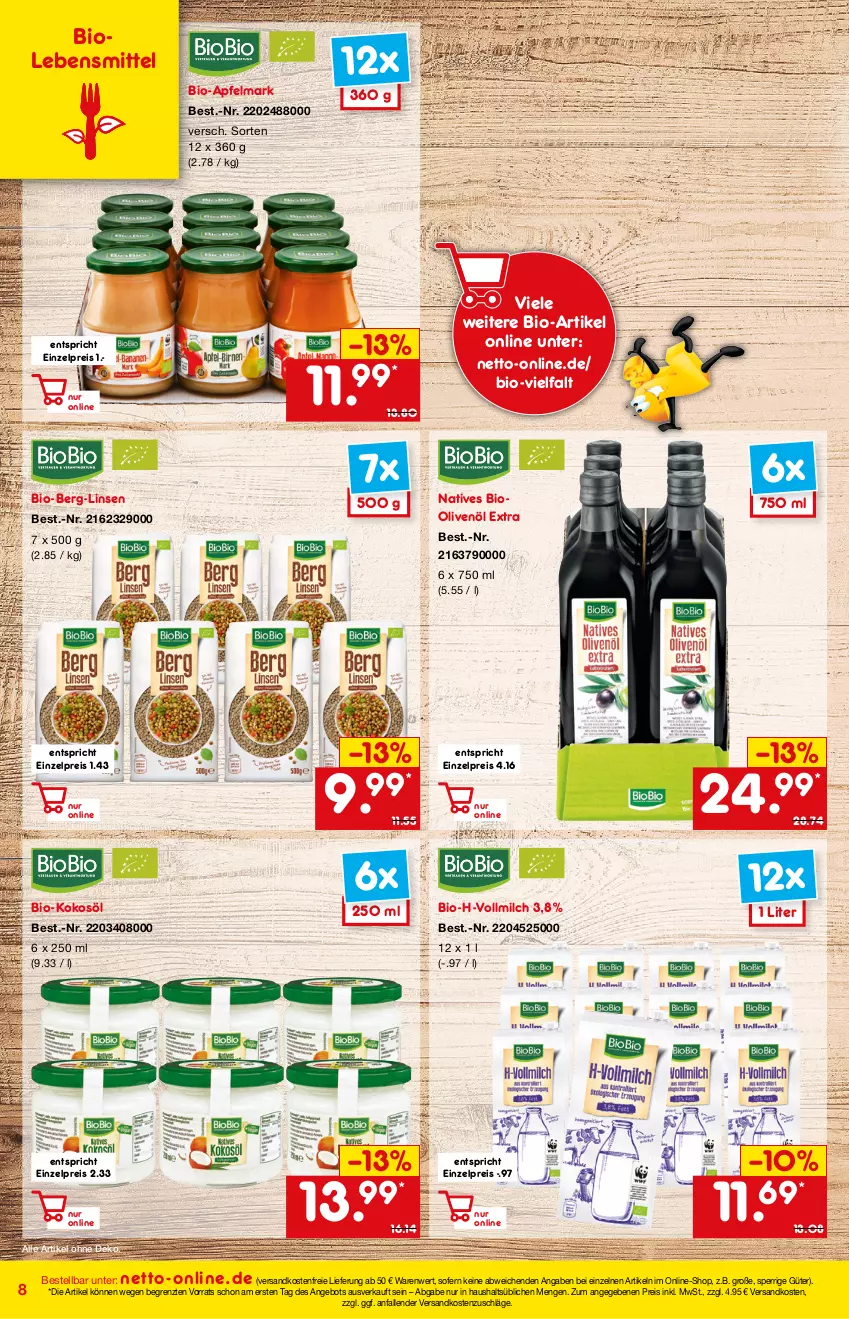 Aktueller Prospekt Netto Marken-Discount - Online-Magazin Januar - von 01.01 bis 31.01.2022 - strona 8 - produkty: angebot, apfel, bio, eis, kokos, kokosöl, lebensmittel, linsen, milch, ndk, olive, oliven, olivenöl, olivenöl extra, reis, Ti, versandkostenfrei, vollmilch, ZTE