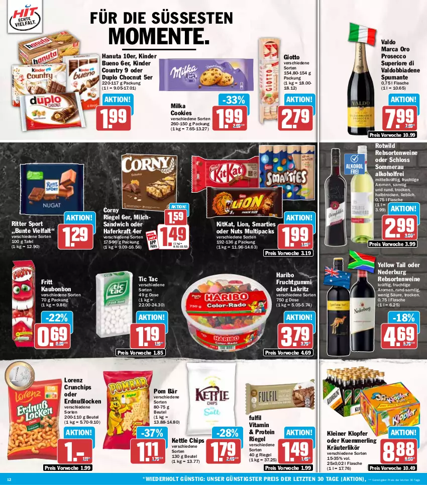 Aktueller Prospekt Hit - Wochenprospekt - von 18.08 bis 23.08.2025 - strona 12 - produkty: alkohol, beutel, chips, cookie, cookies, corny, crunchips, duplo, ecco, eis, ente, flasche, frucht, fruchtgummi, giotto, hafer, hanuta, haribo, Kinder, kinder bueno, kinder country, kitkat, kleiner klopfer, kraft, kräuter, kräuterlikör, kuemmerling, Lakritz, leine, likör, lion, lorenz, lorenz crunchips, merl, milch, milka, nederburg, oder lakritz, prosecco, puma, rebsortenweine, reis, riegel, ritter, ritter sport, sandwich, smarties, Sport, spumante, Ti, valdo, vita, wein, weine, Wild, yellow tail, ZTE