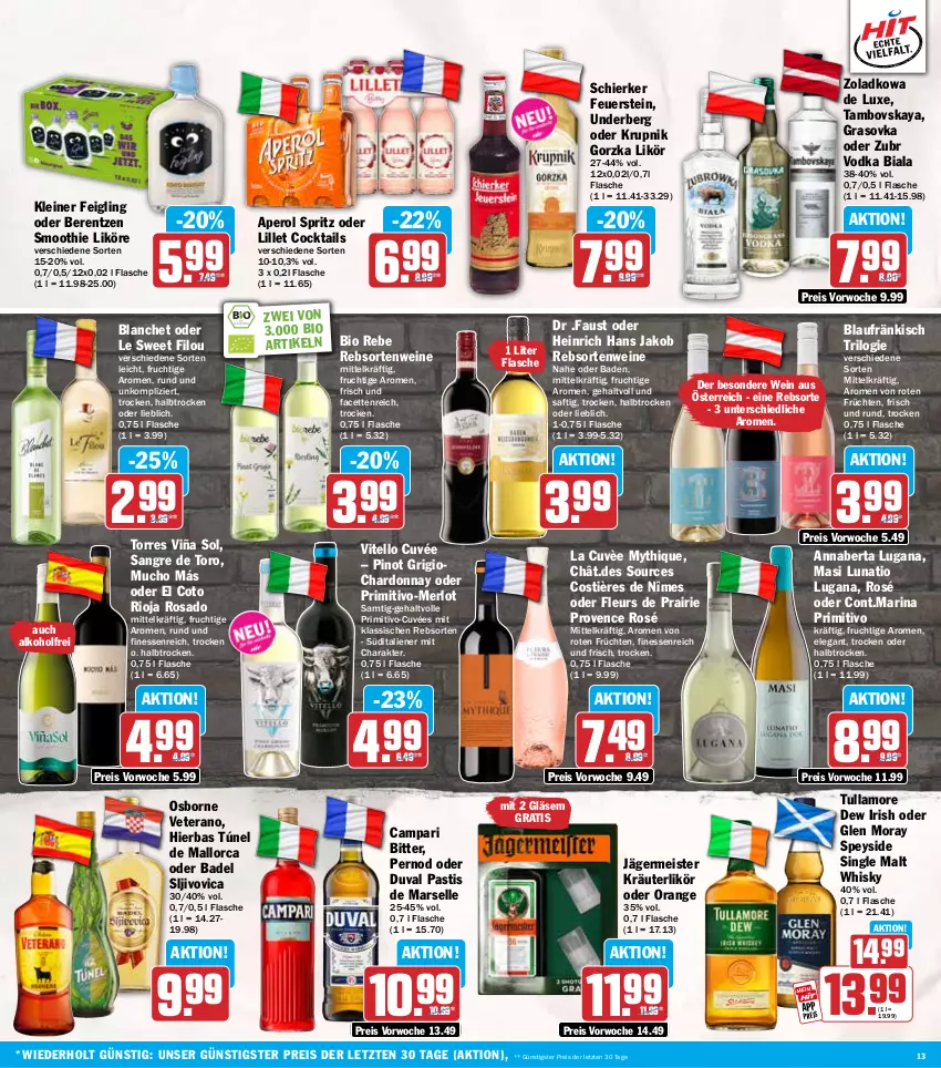 Aktueller Prospekt Hit - Wochenprospekt - von 18.08 bis 23.08.2025 - strona 13 - produkty: alkohol, aperol, asti, aust, Bad, berentzen, bio, campari, chardonnay, cocktail, cocktails, cuvée, eis, elle, finesse, flasche, frucht, früchte, früchten, Germ, Gläser, jägermeister, jako, kleiner feigling, kräuter, kräuterlikör, leine, likör, lillet, mars, Meister, merl, merlot, orange, osborne, Pinot, pinot grigio, primitivo, rebsortenweine, reis, rioja, saft, single malt, smoothie, Ti, tullamore, tullamore dew, underberg, veterano, vodka, wein, weine, whisky, ZTE