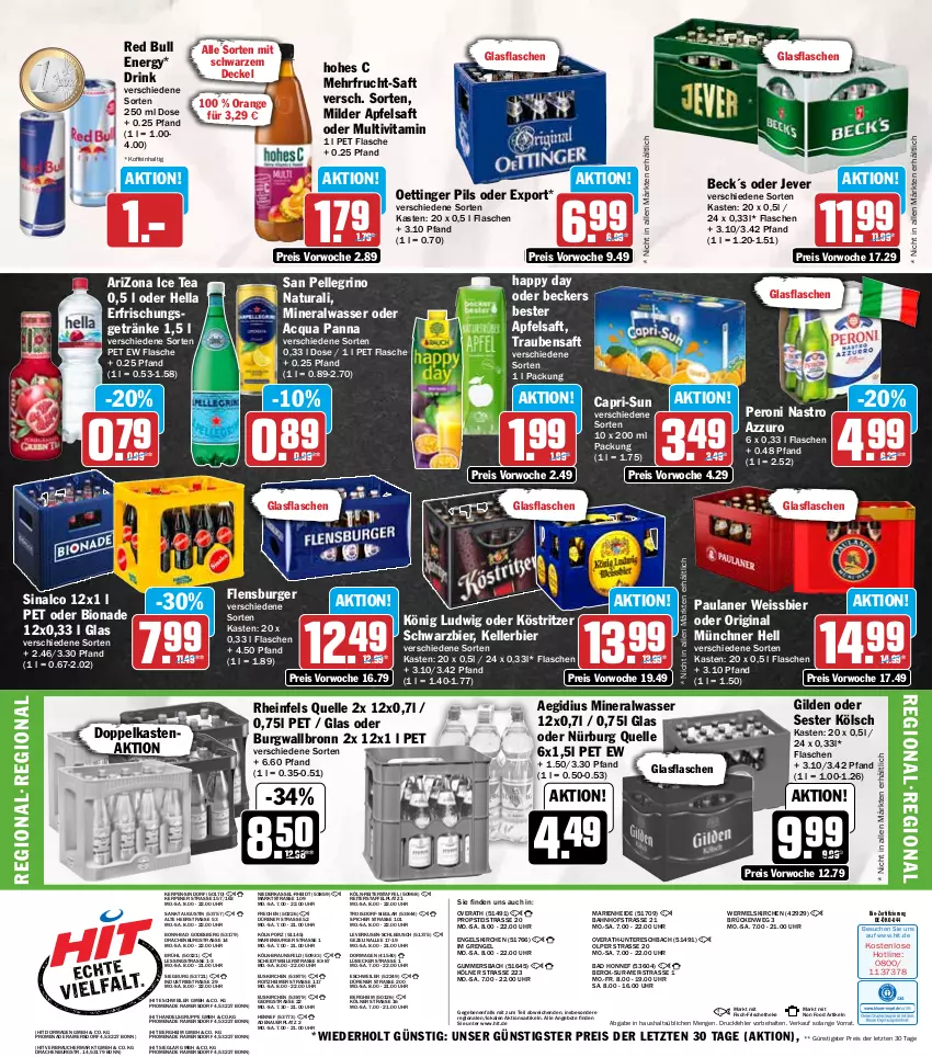 Aktueller Prospekt Hit - Wochenprospekt - von 18.08 bis 23.08.2025 - strona 19 - produkty: aeg, Alwa, angebot, angebote, apfel, apfelsaft, auer, Bad, Beckers Bester, bier, bio, bionade, braun, burger, burgwallbronn, Cap, capri-sun, decke, Deckel, drink, eimer, eis, elle, Engel, erfrischungsgetränk, erfrischungsgetränke, fisch, flasche, flensburger, frucht, getränk, getränke, gin, glasflasche, Happy Day, hella, Hohes C, ice tea, jever, kellerbier, köstritzer, Lübecker, mineralwasser, natur, natura, oettinger, orange, Paula, paulaner, Peroni, pils, Rauch, red bull, reis, rheinfels quelle, saft, san pellegrino, sinalco, Ti, trauben, Traubensaft, uhr, vita, wasser, weissbier, ZTE