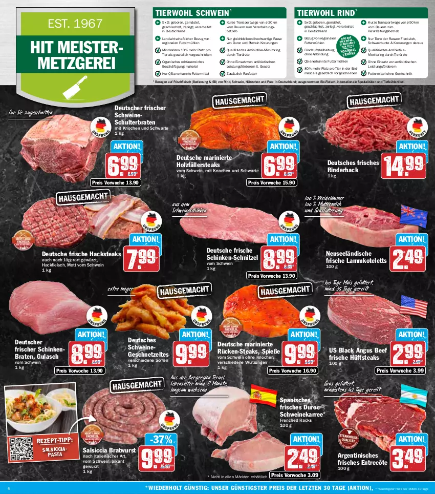 Aktueller Prospekt Hit - Wochenprospekt - von 18.08 bis 23.08.2025 - strona 4 - produkty: auer, Bau, Bauer, beef, bio, braten, bratwurst, eis, ente, entrecôte, fleisch, Geflügel, geschnetzeltes, gewürz, gulasch, hackfleisch, Holz, holzfällersteaks, hüftsteak, hüftsteaks, kotelett, lack, lamm, lammkotelett, mais, Meister, Mett, milch, monitor, pasta, pute, reis, Ria, rind, rinder, ring, salsiccia, schinken, schinkenbraten, schnitten, schnitzel, schwein, schweine, Spezi, Sport, steak, steaks, Ti, Tiere, tisch, wein, weine, wurst, Zelt, ZTE