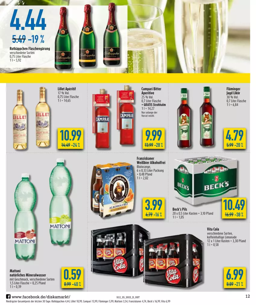 Aktueller Prospekt Diska - Prospekte - von 20.06 bis 25.06.2022 - strona 12 - produkty: alkohol, Alwa, aperitif, bier, Blutorange, campari, cola, eis, flasche, franziskaner, likör, lillet, limo, limonade, mac, mineralwasser, natürliches mineralwasser, orange, pils, reis, rotkäppchen, Ti, vita, Vita C, wasser, ZTE