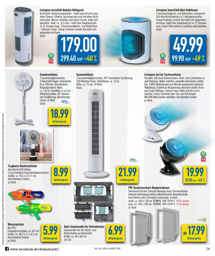 Aktueller Prospekt Diska - Prospekte - von 20.06 bis 25.06.2022 - strona 14 - produkty: akku, alle artikel ohne dekoration, auto, dekoration, eis, fenster, gsw, insektenschutz, kraft, kühlgerät, LG, Lithium-Lonen-Akku, Nachtlicht, schrauben, sekt, standventilator, Ti, Tiere, timer, tisch, tischventilator, turmventilator, usb, ventilator, wasser, wasserpistole