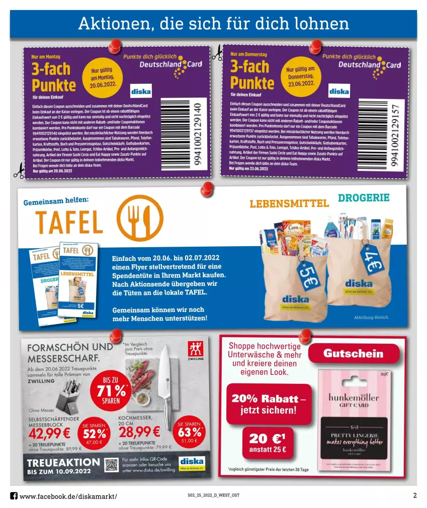 Aktueller Prospekt Diska - Prospekte - von 20.06 bis 25.06.2022 - strona 2 - produkty: buch, coupon, deutschlandcard, eier, eis, elle, erde, guthabenkarte, gutschein, kraft, LG, messer, messerblock, Mett, reis, Sushi, tee, telefon, Ti, Unterwäsche, ZTE