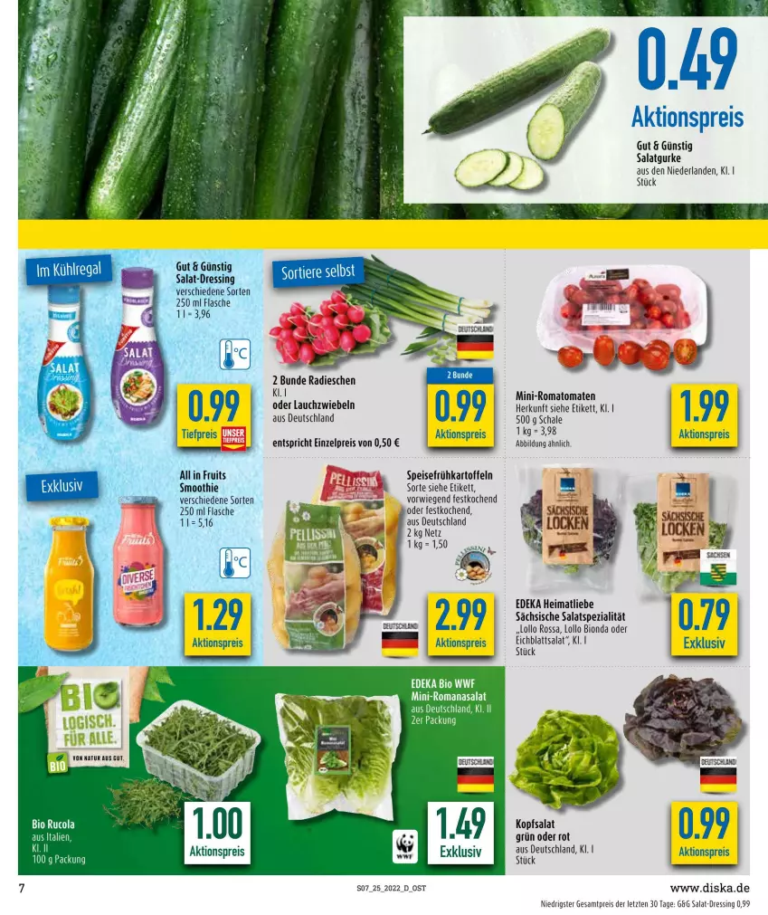 Aktueller Prospekt Diska - Prospekte - von 20.06 bis 25.06.2022 - strona 7 - produkty: aktionspreis, bio, cola, deka, dressing, Eichblattsalat, eis, flasche, Frühkartoffeln, gurke, kartoffel, kartoffeln, kopfsalat, Lauchzwiebel, lauchzwiebeln, natur, reis, Romanasalat, Romatomaten, rucola, salat, Salatgurke, Schal, Schale, smoothie, speisefrühkartoffeln, Spezi, Ti, tomate, tomaten, ZTE, zwiebel, zwiebeln