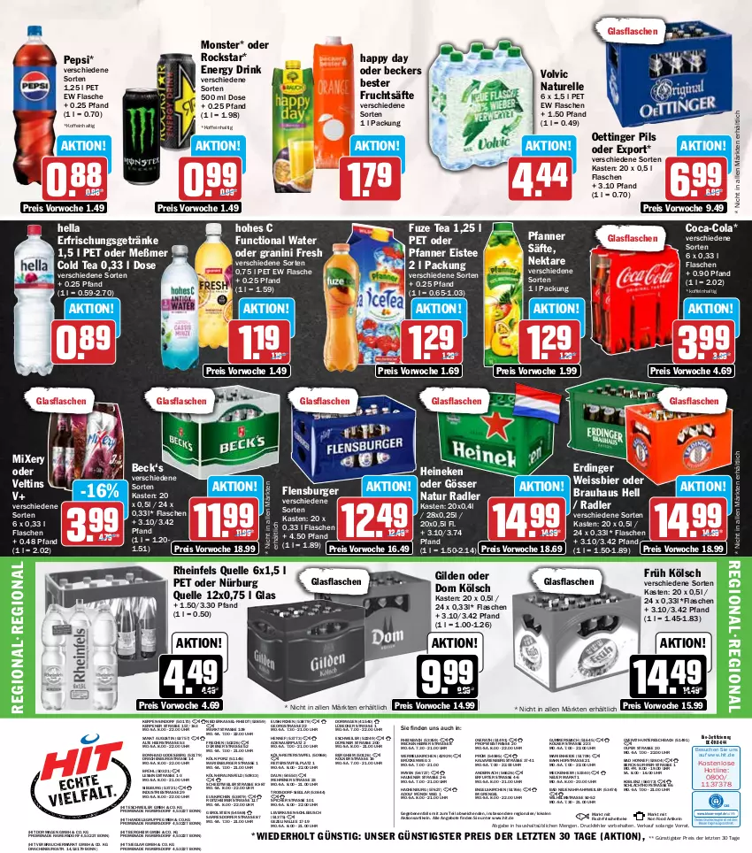 Aktueller Prospekt Hit - Wochenprospekt - von 02.09 bis 07.09.2024 - strona 16 - produkty: angebot, angebote, auer, Bad, Beckers Bester, bier, bio, braun, burger, coca-cola, cola, drink, eimer, eis, eistee, elle, energy drink, Engel, erdinger, erfrischungsgetränk, erfrischungsgetränke, fisch, flasche, flensburger, frucht, fruchtsäfte, Früh Kölsch, fuze tea, getränk, getränke, glasflasche, gösser, granini, Happy Day, heineken, hella, Hohes C, Lübecker, Meßmer, Mixer, mixery, monster, natur, natur radler, Nektar, oettinger, pepsi, pfanne, Pfanner, pils, radler, Rauch, reis, rel, rheinfels quelle, Rockstar, rwe, säfte, tee, Ti, uhr, veltins, volvic, weissbier, ZTE