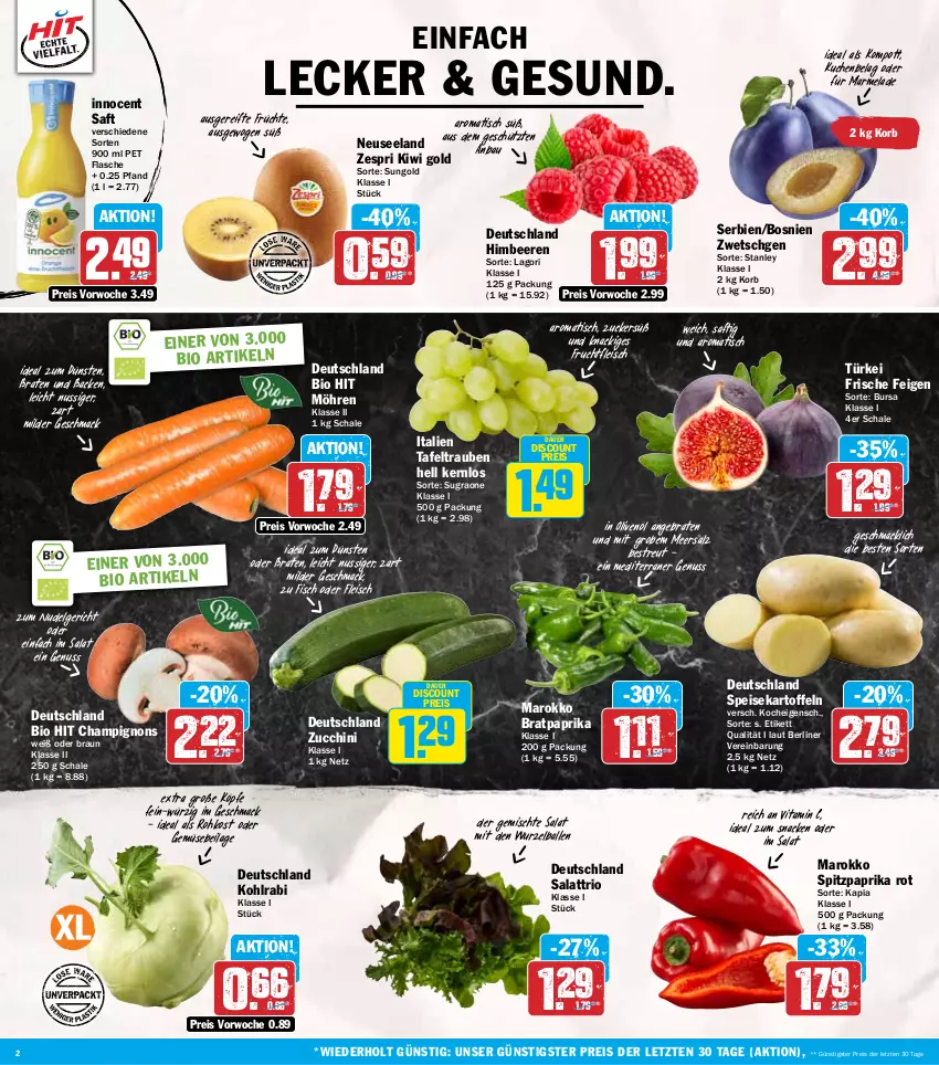 Aktueller Prospekt Hit - Wochenprospekt - von 02.09 bis 07.09.2024 - strona 2 - produkty: auer, ball, Bau, beere, beeren, berliner, bio, bio hit, braten, braun, champignon, champignons, discount, eis, Elan, Feigen, fisch, flasche, fleisch, frucht, früchte, fruchtfleisch, himbeer, himbeere, himbeeren, ilag, in olivenöl, Innocent, kartoffel, kartoffeln, kiwi, Kiwi Gold, kohlrabi, korb, kuchen, LG, mac, marmelade, meersalz, möhren, nudel, Nudelgericht, nuss, olive, oliven, olivenöl, paprika, paprika rot, reis, saft, salat, salz, Schal, Schale, snack, speisekartoffeln, Spitzpaprika, tafeltrauben, Ti, tisch, trauben, vita, Vitamin C, zespri, ZTE, zucchini, zucker