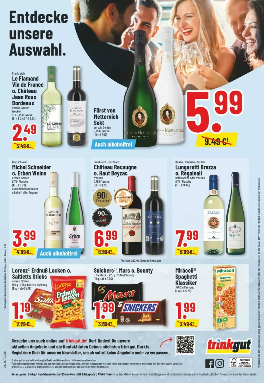 Aktueller Prospekt Trinkgut - Prospekte - von 20.09 bis 26.09.2026 - strona 10 - produkty: alkohol, angebot, angebote, beutel, bounty, Brei, brie, decke, deka, eis, elle, flasche, lorenz, mars, Mett, metternich, Michel Schneider, regal, reis, saltletts, sekt, snickers, spaghetti, Ti, vin de france, wein, weine, ZTE
