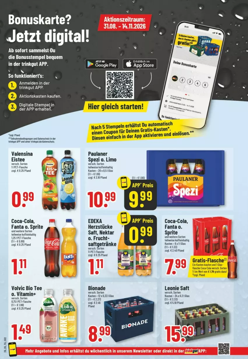 Aktueller Prospekt Trinkgut - Prospekte - von 20.09 bis 26.09.2026 - strona 2 - produkty: auto, bio, bionade, coca-cola, cola, deka, eis, eistee, fanta, flasche, frucht, getränk, getränke, LG, limo, Nektar, nuss, Paula, paulaner, pet-flasche, saft, Spezi, sprite, tee, Ti, tisch, valensina, vita, volvic