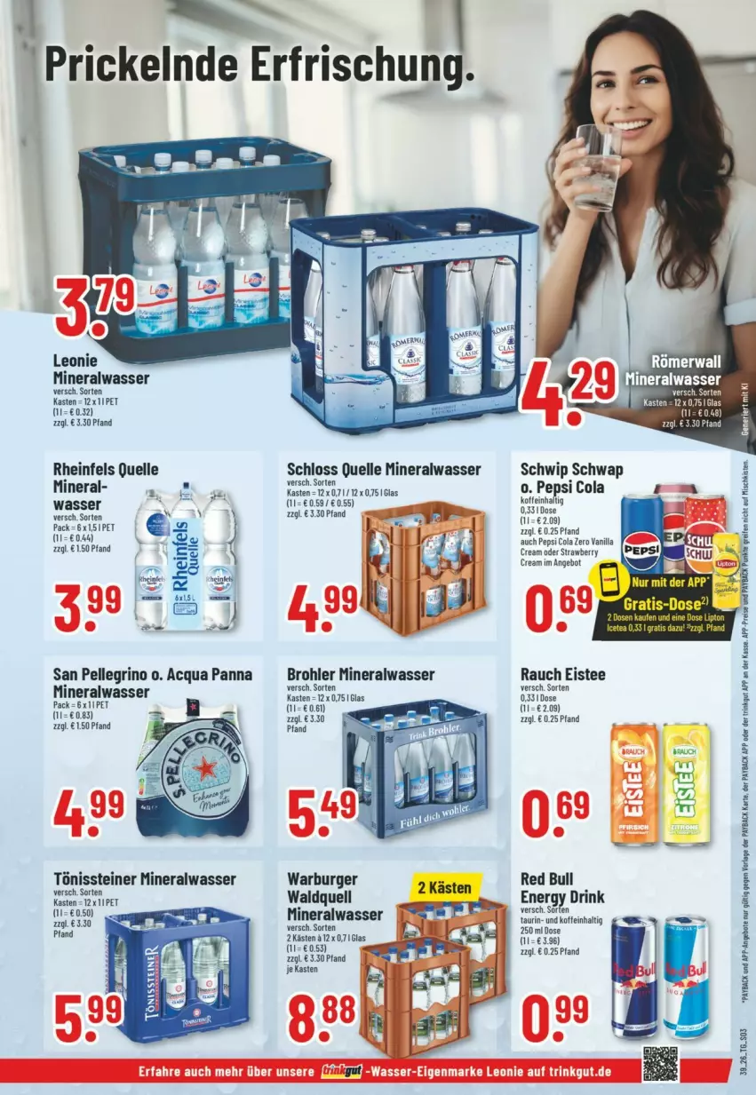 Aktueller Prospekt Trinkgut - Prospekte - von 20.09 bis 26.09.2026 - strona 3 - produkty: Alwa, angebot, burger, cola, drink, eis, eistee, elle, energy drink, mineralwasser, pepsi, Pepsi Cola, Rauch, red bull, reifen, rheinfels quelle, san pellegrino, Schwip Schwap, steiner, tee, Ti, wasser