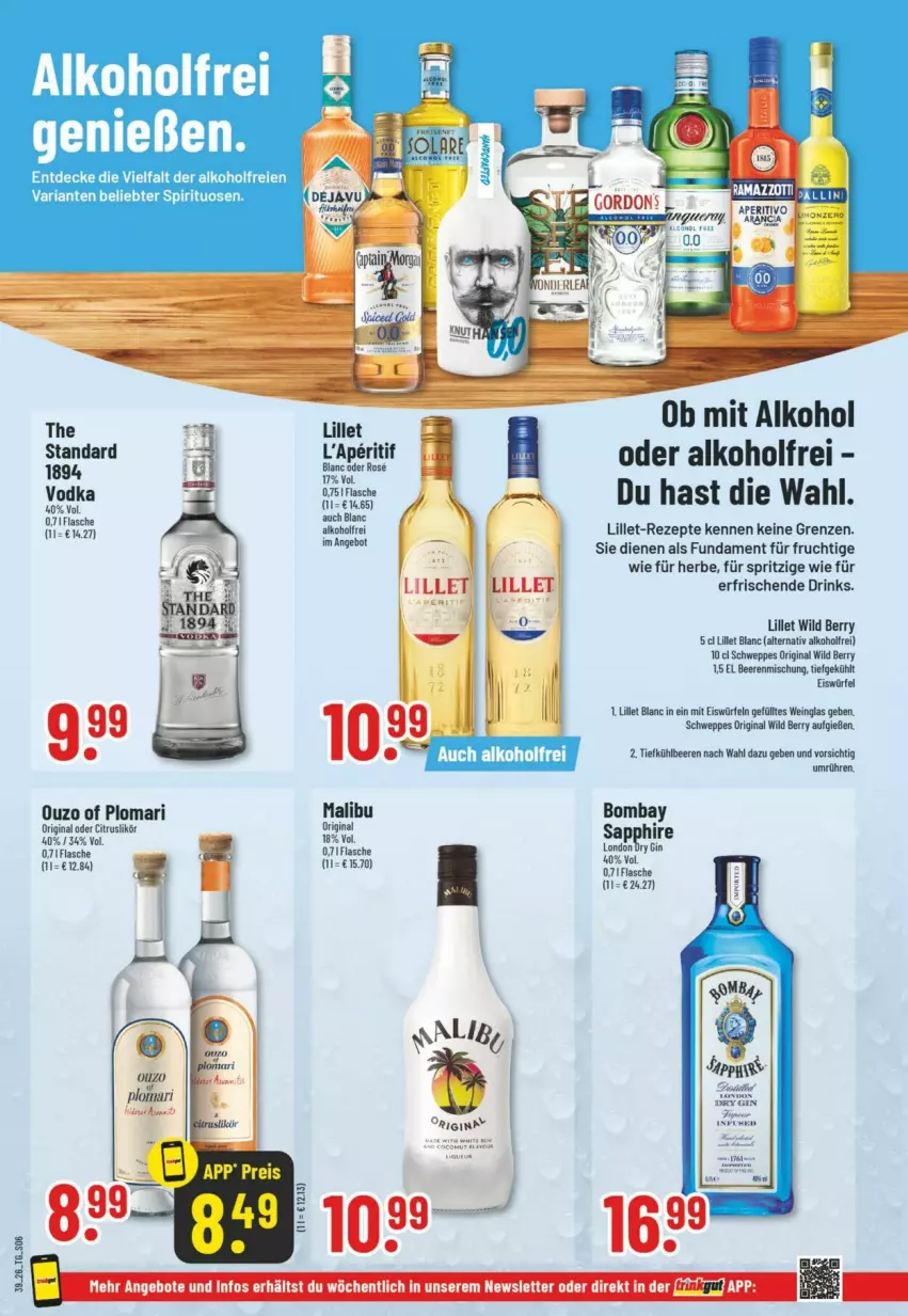 Aktueller Prospekt Trinkgut - Prospekte - von 20.09 bis 26.09.2026 - strona 8 - produkty: alkohol, angebot, angebote, aperitif, beere, beeren, decke, drink, drinks, dry gin, eis, eiswürfel, fisch, fische, flasche, frucht, gin, lillet, london dry, london dry gin, Malibu, ouzo, rezept, rezepte, Ria, sapphire, schweppes, spirituosen, Ti, vodka, wein, Wild, wild berry, würfel