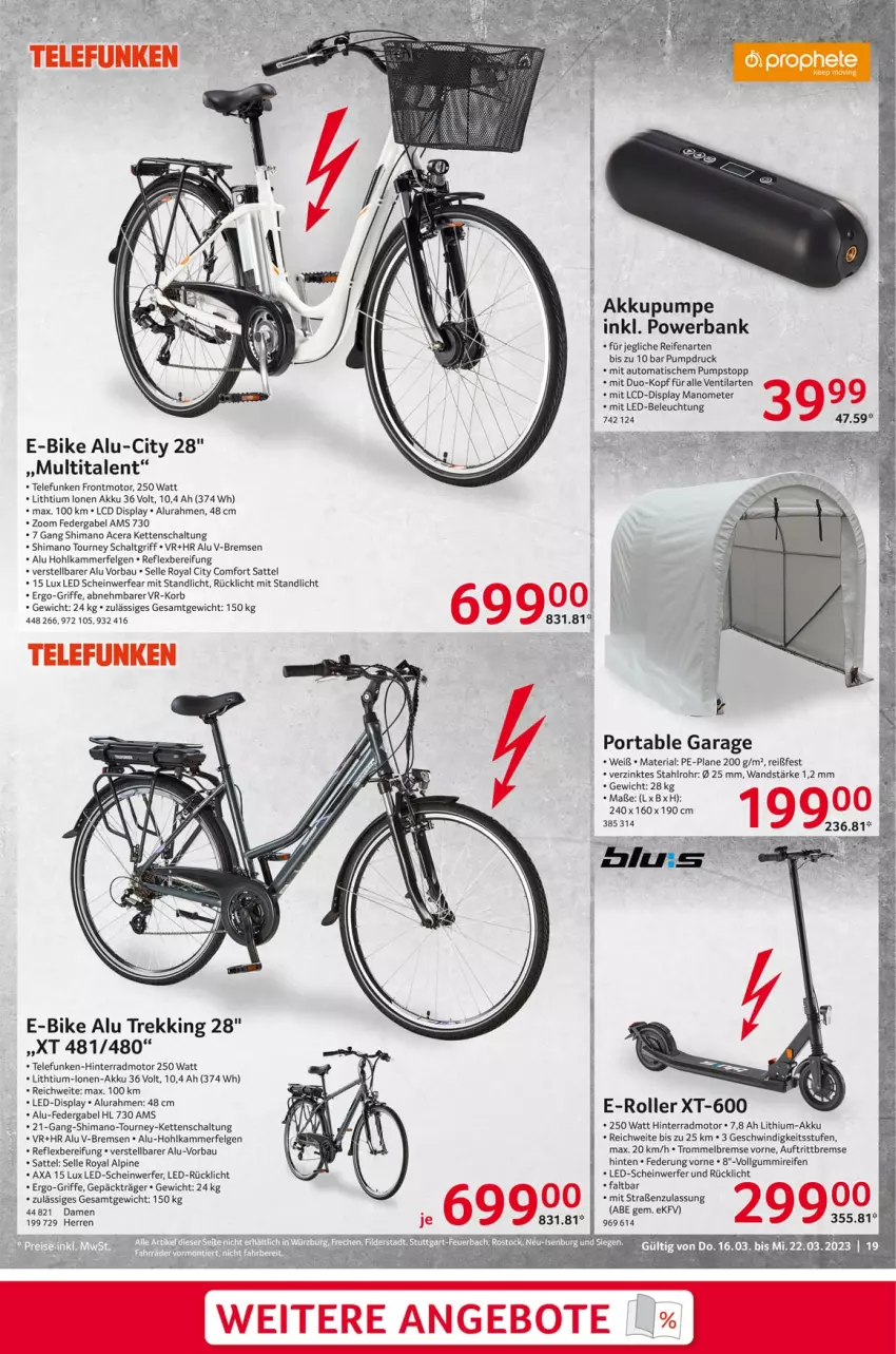 Aktueller Prospekt Selgros - Nonfood - von 16.03 bis 22.03.2023 - strona 19 - produkty: acer, akku, angebot, angebote, auto, Bank, Bau, beleuchtung, E-Bike, E-Roller, elle, felgen, gabel, Kette, korb, led-beleuchtung, LG, mit led-beleuchtung, powerbank, reifen, Ria, Roller, rücklicht, sattel, Schal, shimano, telefunken, Ti, tisch, trommel