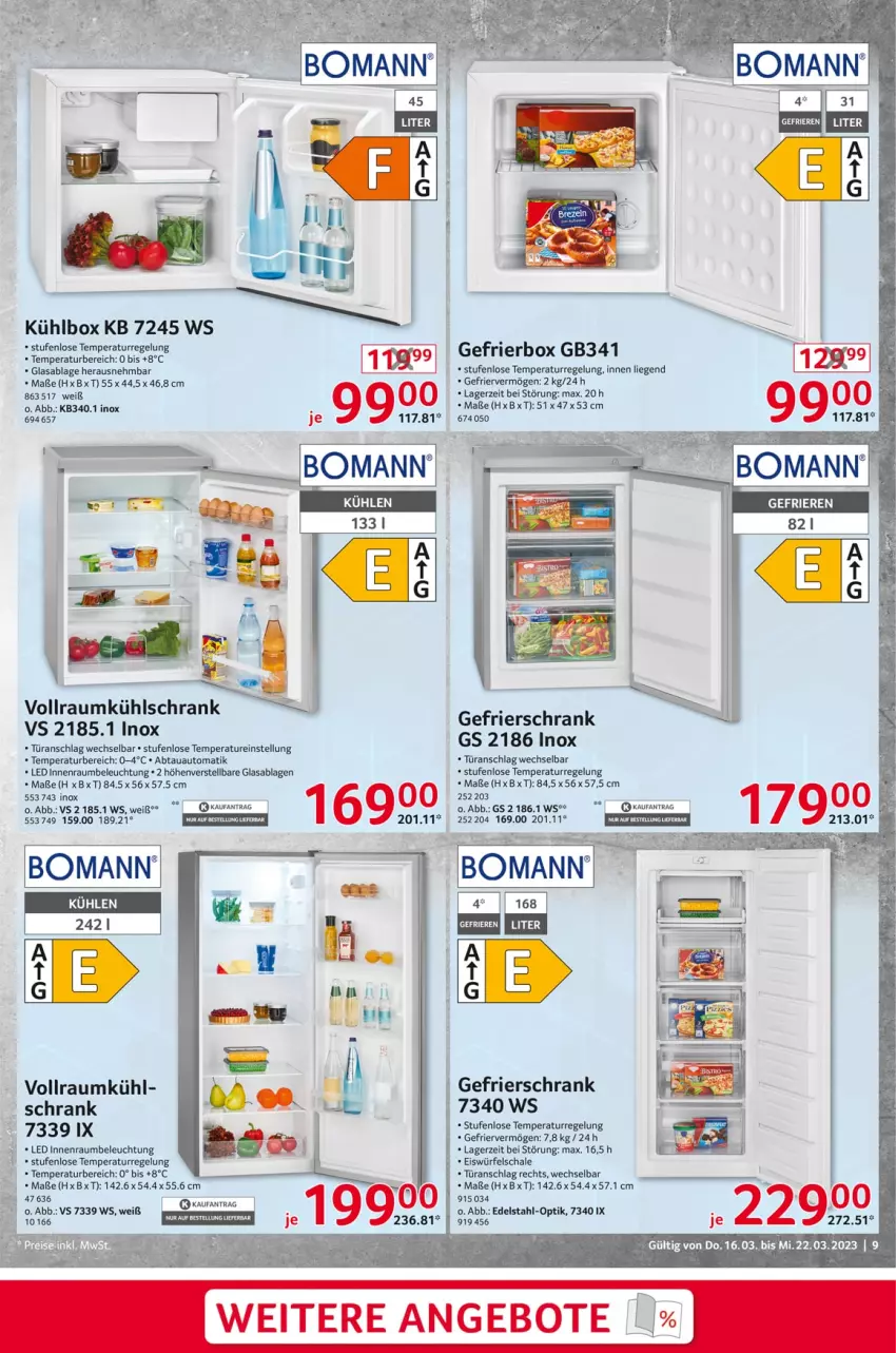 Aktueller Prospekt Selgros - Nonfood - von 16.03 bis 22.03.2023 - strona 9 - produkty: abtauautomatik, angebot, angebote, auto, beleuchtung, bomann, edelstahl, eis, eiswürfel, Gefrierbox, gefrierschrank, kühlbox, kühlschrank, Liege, Schal, Schale, Schrank, Ti, türanschlag wechselbar, würfel