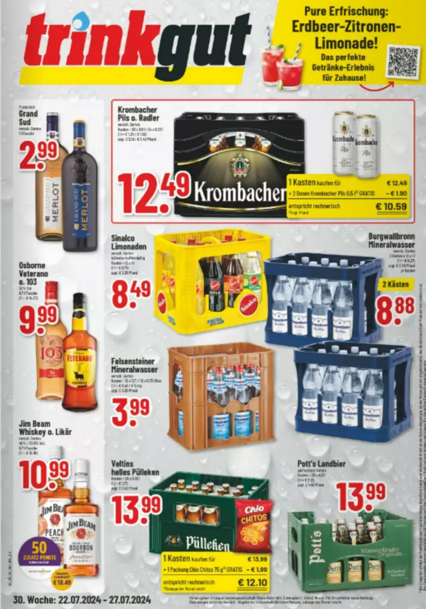 Aktueller Prospekt Trinkgut - Prospekte - von 22.07 bis 27.07.2024 - strona 1 - produkty: bett, getränk, getränke, jim beam, krombache, krombacher, likör, limo, limonade, pils, radler, Ti, whiskey, zitrone, zitronen