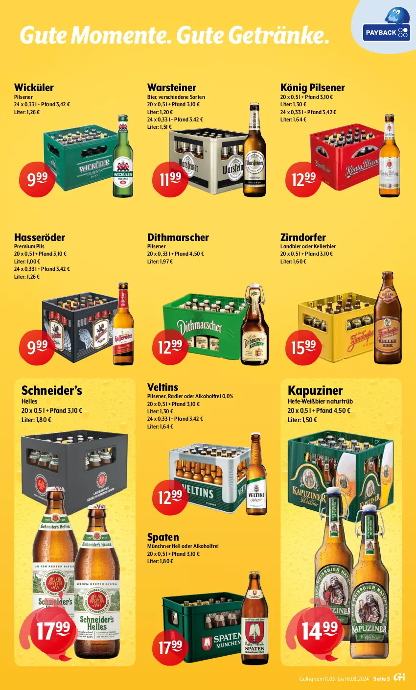 Aktueller Prospekt Getraenke Hoffmann - Prospekte - von 11.03 bis 16.03.2024 - strona 5 - produkty: alkohol, bier, elle, ente, getränk, getränke, hasseröder, Hefe, kellerbier, könig pilsener, mars, natur, pils, pilsener, premium pils, radler, Spaten, steiner, Ti, veltins, veltins pilsener, warsteiner, WICK