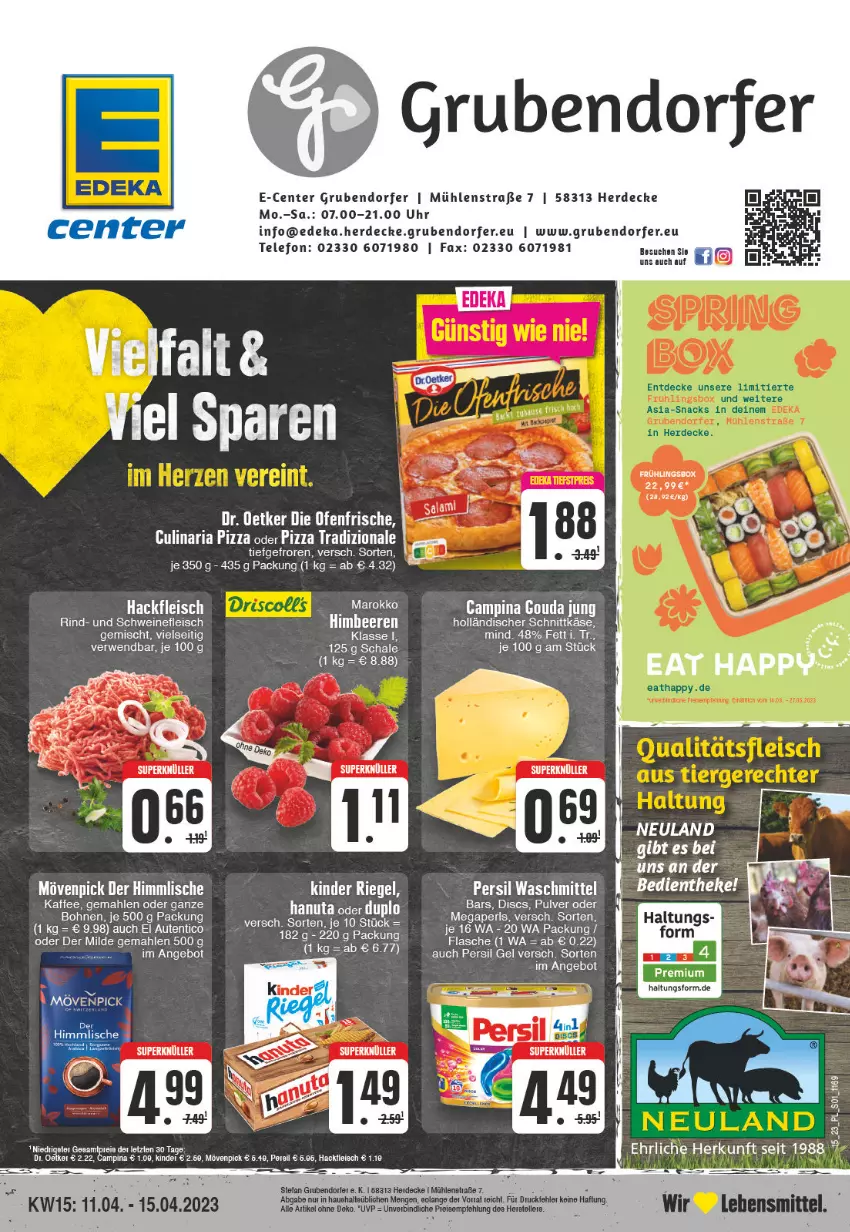 Aktueller Prospekt E Center - Angebote der Woche - von 03.04 bis 08.04.2023 - strona 1 - produkty: angebot, bohne, bohnen, culinaria, decke, deka, duplo, eis, elle, ente, erde, flasche, fleisch, gouda, gouda jung, hackfleisch, hanuta, kaffee, Käse, Kinder, kinder riegel, megaperls, mövenpick, persil, persil waschmittel, pizza, pizza tradizionale, Ria, riegel, rind, rwe, Schal, Schale, schwein, schweine, schweinefleisch, telefon, teller, Ti, tradizionale, uhr, waschmittel, wein, weine