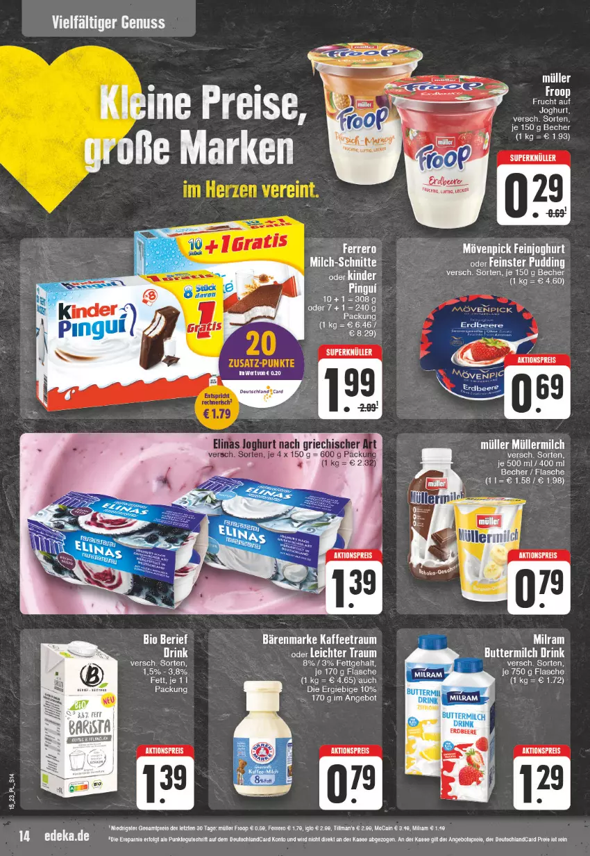 Aktueller Prospekt E Center - Angebote der Woche - von 03.04 bis 08.04.2023 - strona 14 - produkty: aktionspreis, angebot, bärenmarke, Becher, bio, deka, eier, eis, elinas, elinas joghurt, ente, ferrero, flasche, froop, frucht, joghur, joghurt, joghurt nach, kaffee, leine, milch, nuss, reis, tee, Ti