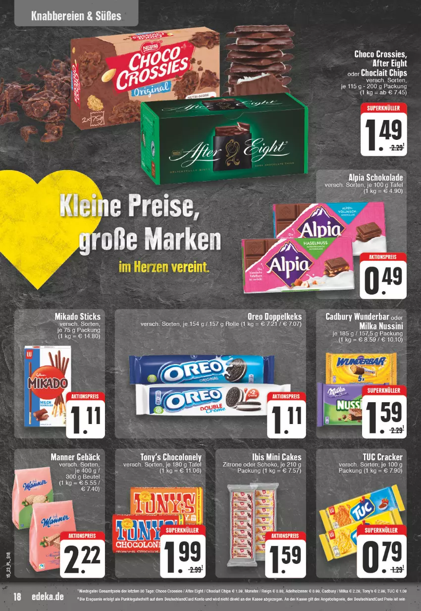 Aktueller Prospekt E Center - Angebote der Woche - von 03.04 bis 08.04.2023 - strona 18 - produkty: after eight, angebot, angebotspreis, beutel, chips, choclait chips, choco crossies, cracker, crossies, deka, deutschlandcard, eier, eis, keks, LG, Manner, nuss, oreo, reis, schoko, schokolade, tee, Ti, Tiere, tuc, zitrone