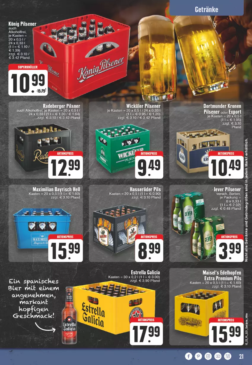 Aktueller Prospekt E Center - Angebote der Woche - von 03.04 bis 08.04.2023 - strona 21 - produkty: aktionspreis, alkohol, Berger, eis, getränk, getränke, hasseröder, könig pilsener, krone, mais, pils, pilsener, radeberger, reis, rel, Ti, WICK