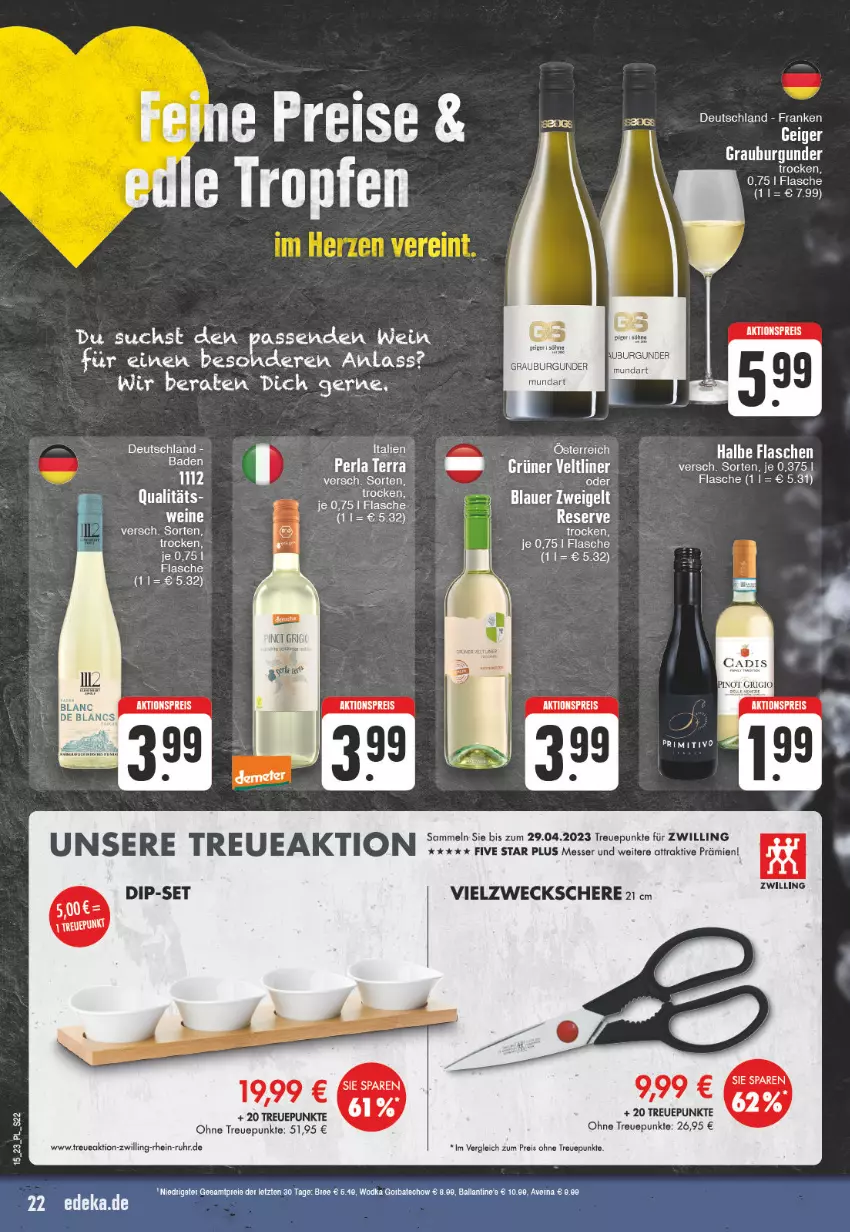 Aktueller Prospekt E Center - Angebote der Woche - von 03.04 bis 08.04.2023 - strona 22 - produkty: aktionspreis, ball, burgunder, dip, eis, flasche, grauburgunder, messer, perla, primitivo, reis, Schere, Ti, uhr, weck, wein, weine, wodka, ZTE