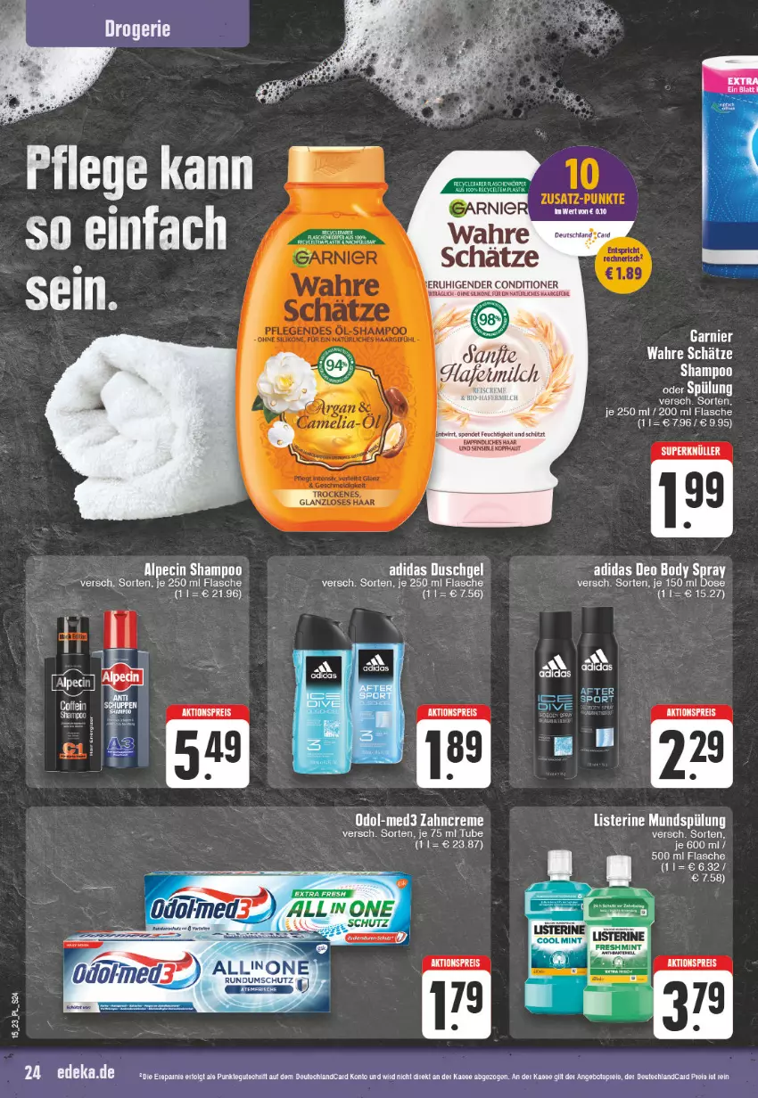 Aktueller Prospekt E Center - Angebote der Woche - von 03.04 bis 08.04.2023 - strona 24 - produkty: Adidas, aktionspreis, alpecin, asti, body, cin, creme, deka, deo, duschgel, eier, eis, flasche, garnier, listerine, mundspülung, Odol, reis, rel, shampoo, Sport, spülung, tee, Ti, Wahre Schätze, zahncreme