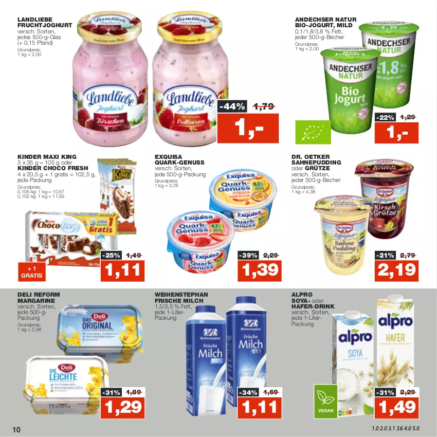 Aktueller Prospekt Real - von 17.10 bis 22.10.2022 - strona 10 - produkty: alpro, andechser natur, Becher, bio, choco fresh, deli reform, Dr. Oetker, drink, eis, exquisa, frische milch, frucht, fruchtjoghurt, grütze, hafer, joghur, joghurt, jogurt, Kinder, Kinder Choco fresh, Kinder Maxi, kinder maxi king, landliebe, margarine, milch, natur, nuss, pudding, quark, reis, sahne, soya, Ti, weihenstephan